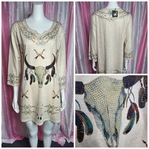Ameri Mode Southwest Indian Rhinestone Beige Tunic Top Large
